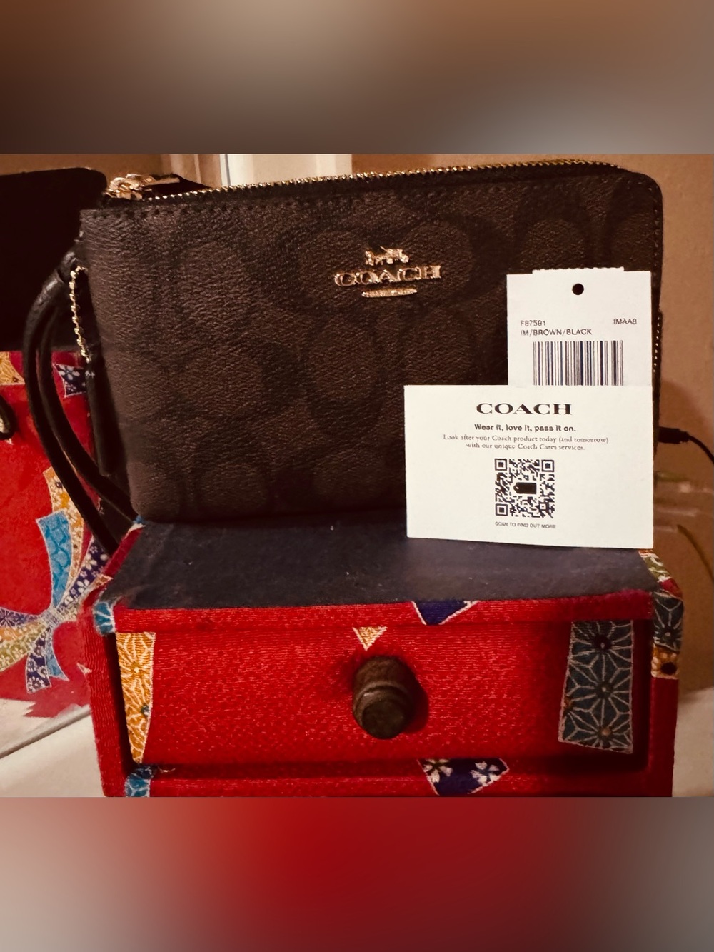 Coach Black & Brown Leather Signature Wristlet Charm